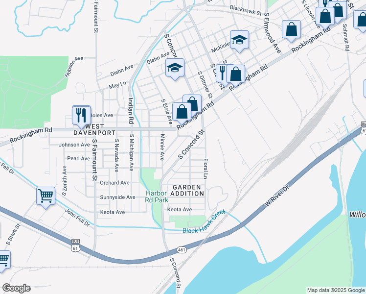 map of restaurants, bars, coffee shops, grocery stores, and more near 1028 South Concord Street in Davenport