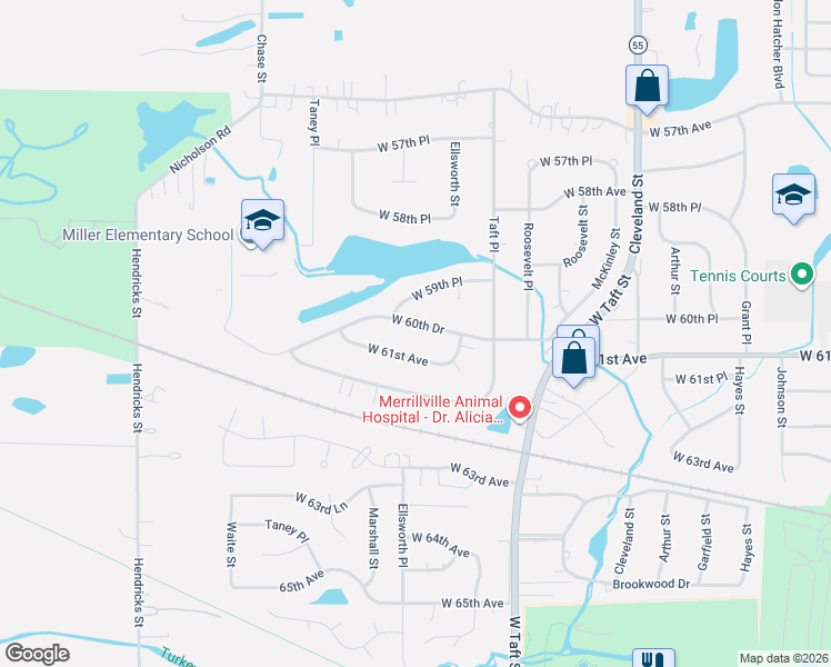 map of restaurants, bars, coffee shops, grocery stores, and more near 2607 W 60th Dr in Merrillville