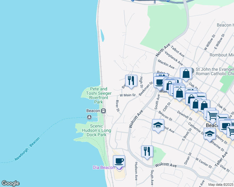 map of restaurants, bars, coffee shops, grocery stores, and more near 8 West Main Street in Beacon