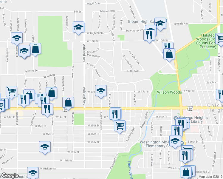 map of restaurants, bars, coffee shops, grocery stores, and more near 207 West 13th Street in Chicago Heights