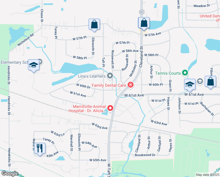 map of restaurants, bars, coffee shops, grocery stores, and more near 5971 Roosevelt Place in Merrillville
