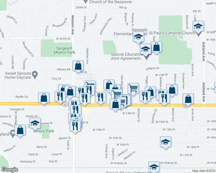 map of restaurants, bars, coffee shops, grocery stores, and more near 601 West 14th Place in Chicago Heights