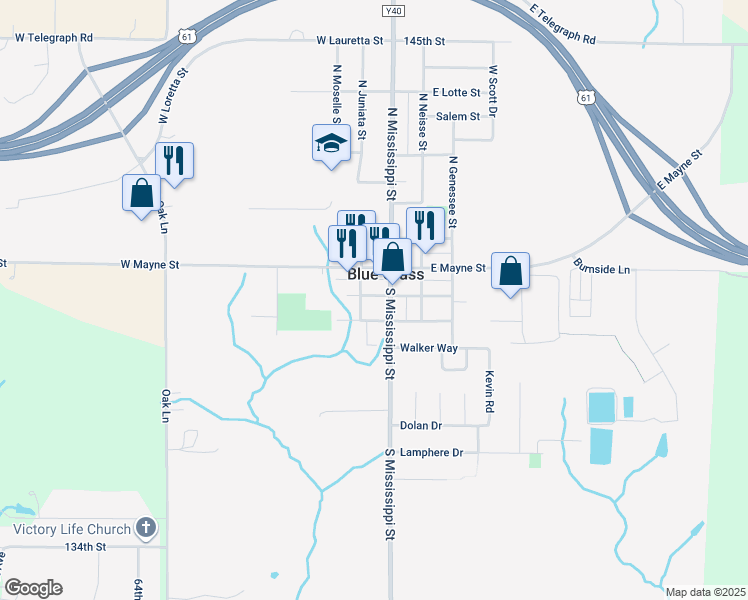 map of restaurants, bars, coffee shops, grocery stores, and more near 117 West Garonne Street in Blue Grass