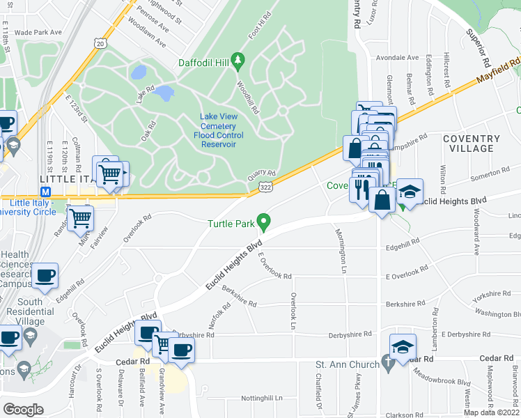 map of restaurants, bars, coffee shops, grocery stores, and more near 2605 Hampshire Rd in Cleveland Heights