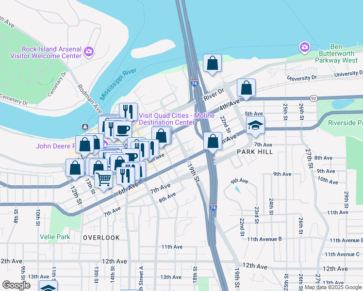 map of restaurants, bars, coffee shops, grocery stores, and more near 5th Avenue in Moline
