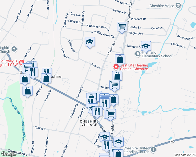 map of restaurants, bars, coffee shops, grocery stores, and more near 341 Maple Avenue in Cheshire