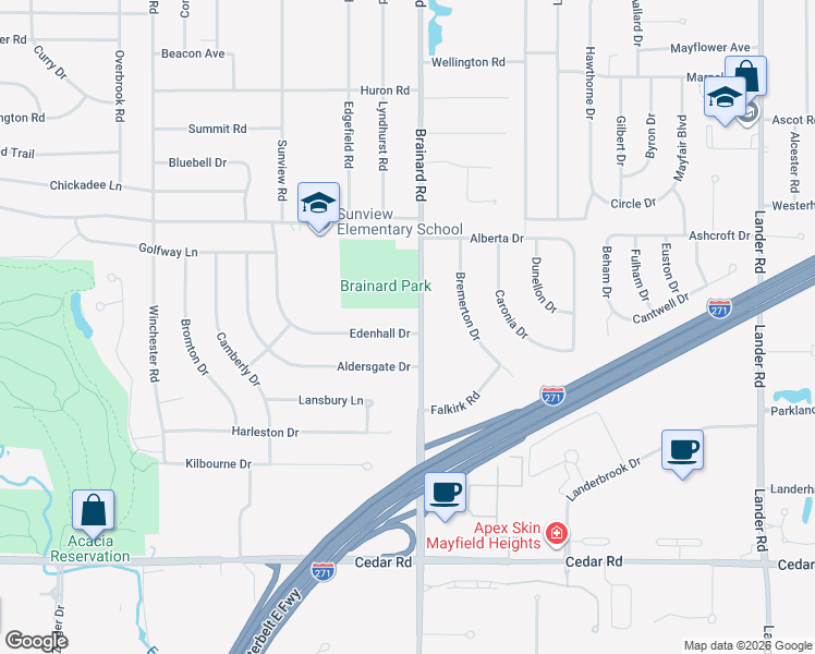 map of restaurants, bars, coffee shops, grocery stores, and more near 1900 Brainard Road in Lyndhurst