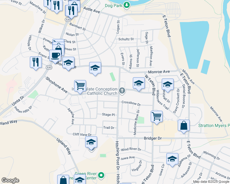 map of restaurants, bars, coffee shops, grocery stores, and more near 395 Anvil Drive in Green River