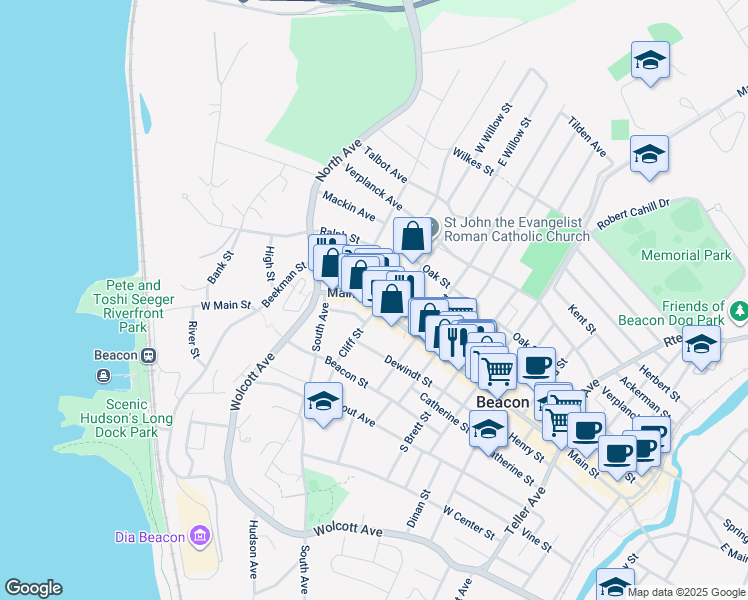 map of restaurants, bars, coffee shops, grocery stores, and more near 171 Main Street in Beacon