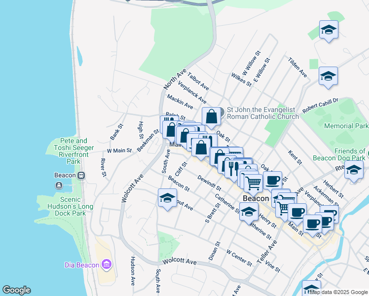 map of restaurants, bars, coffee shops, grocery stores, and more near 171 Main Street in Beacon