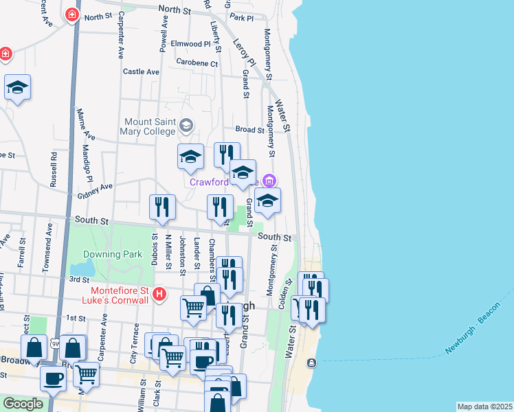map of restaurants, bars, coffee shops, grocery stores, and more near 238 Grand Street in Newburgh