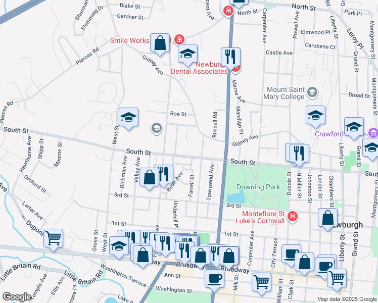 map of restaurants, bars, coffee shops, grocery stores, and more near 368 South Street in Newburgh