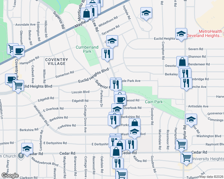 map of restaurants, bars, coffee shops, grocery stores, and more near 14454 Superior Road in Cleveland Heights