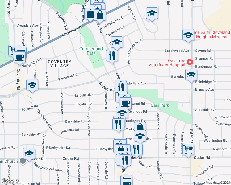 map of restaurants, bars, coffee shops, grocery stores, and more near 14454 Superior Road in Cleveland Heights