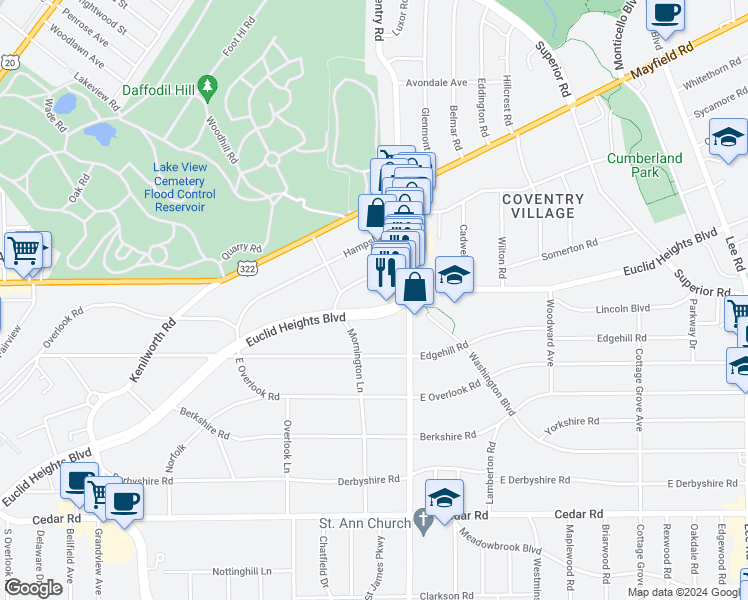 map of restaurants, bars, coffee shops, grocery stores, and more near 2741 Euclid Heights Boulevard in Cleveland Heights