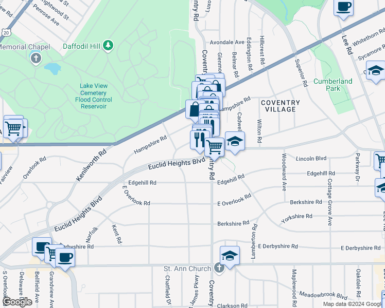 map of restaurants, bars, coffee shops, grocery stores, and more near 2741 Euclid Heights Boulevard in Cleveland Heights