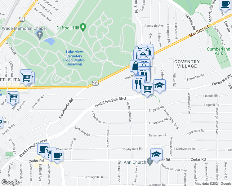 map of restaurants, bars, coffee shops, grocery stores, and more near 2697 Euclid Heights Boulevard in Cleveland