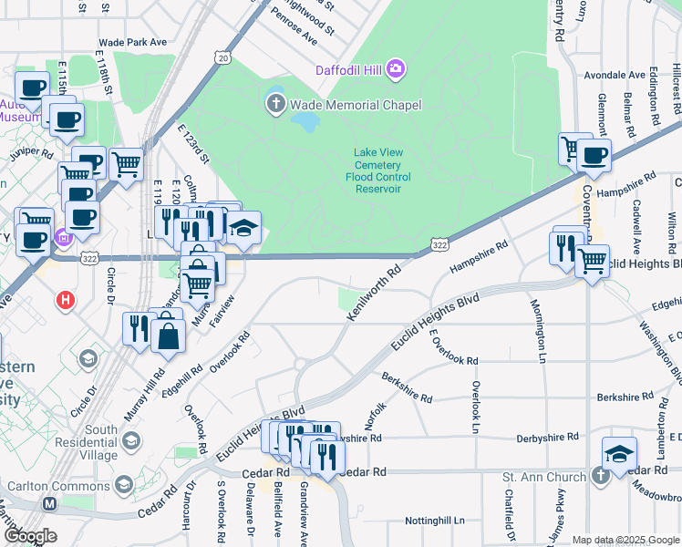 map of restaurants, bars, coffee shops, grocery stores, and more near 2501 Overlook Road in Cleveland Heights