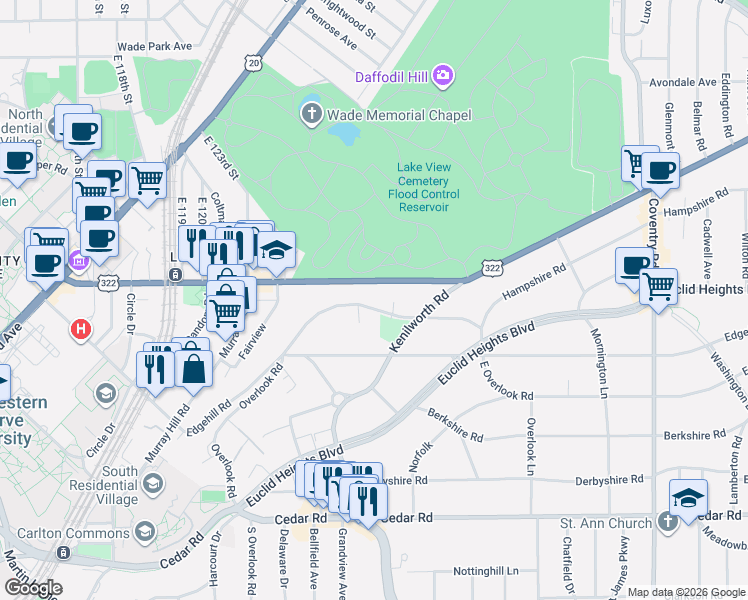 map of restaurants, bars, coffee shops, grocery stores, and more near 2463 Overlook Road in Cleveland Heights