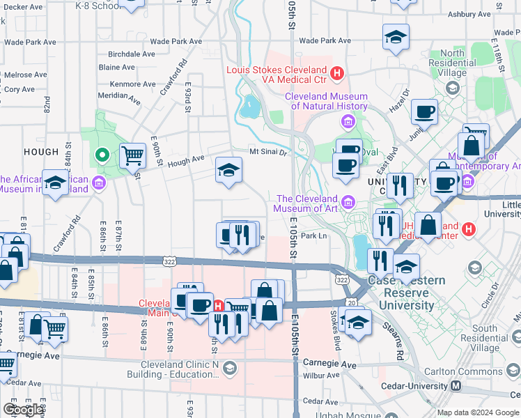 map of restaurants, bars, coffee shops, grocery stores, and more near 9745 Woodward Avenue in Cleveland