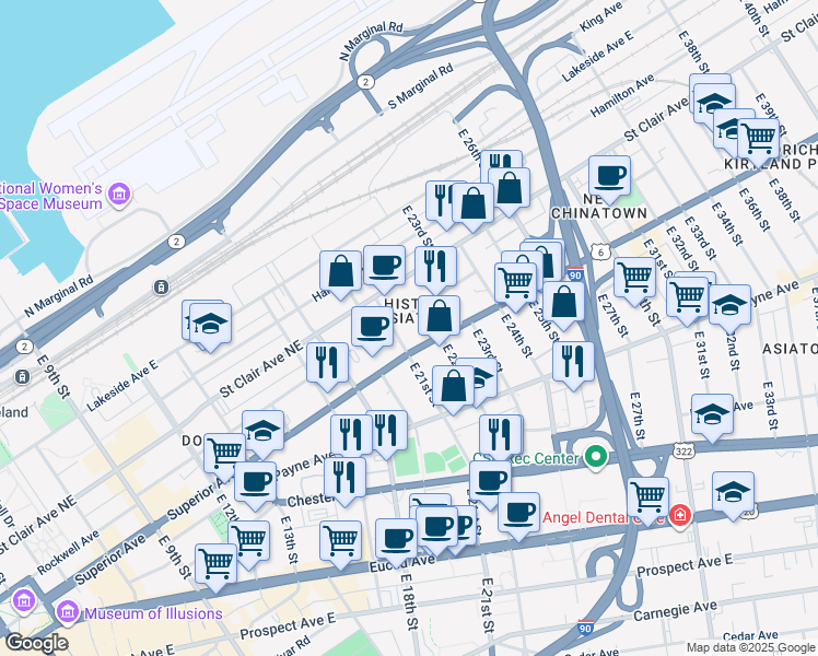 map of restaurants, bars, coffee shops, grocery stores, and more near 2155 Superior Avenue in Cleveland