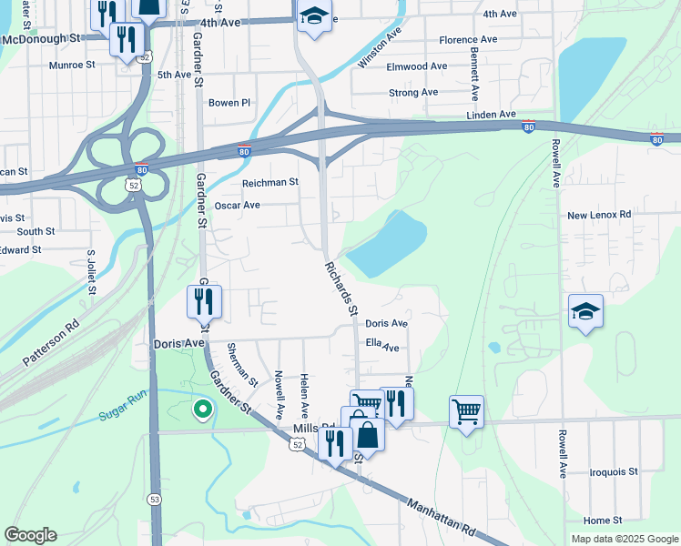 map of restaurants, bars, coffee shops, grocery stores, and more near 833 Richards Street in Joliet