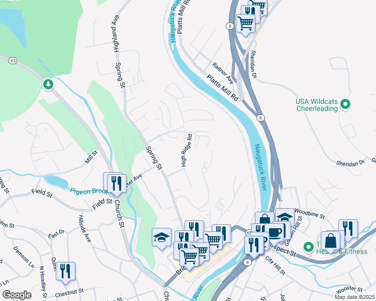 map of restaurants, bars, coffee shops, grocery stores, and more near 163 High Ridge Road in Naugatuck