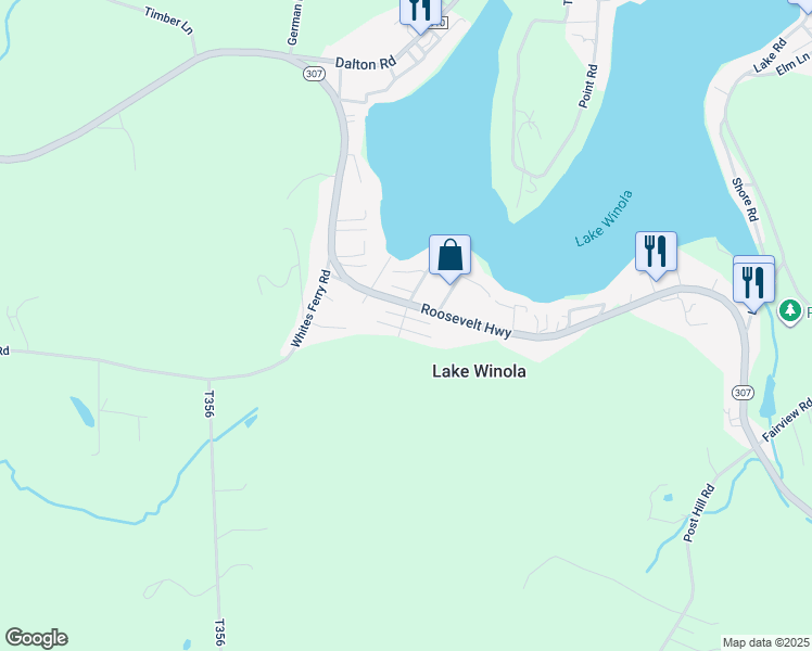 map of restaurants, bars, coffee shops, grocery stores, and more near 314 Hon Lane in Factoryville
