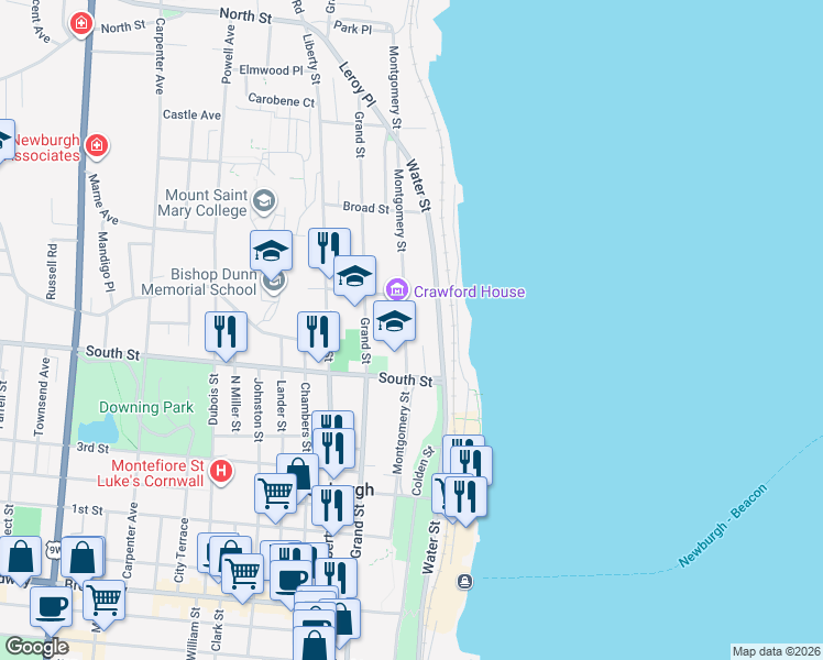 map of restaurants, bars, coffee shops, grocery stores, and more near 209 Water Street in Newburgh