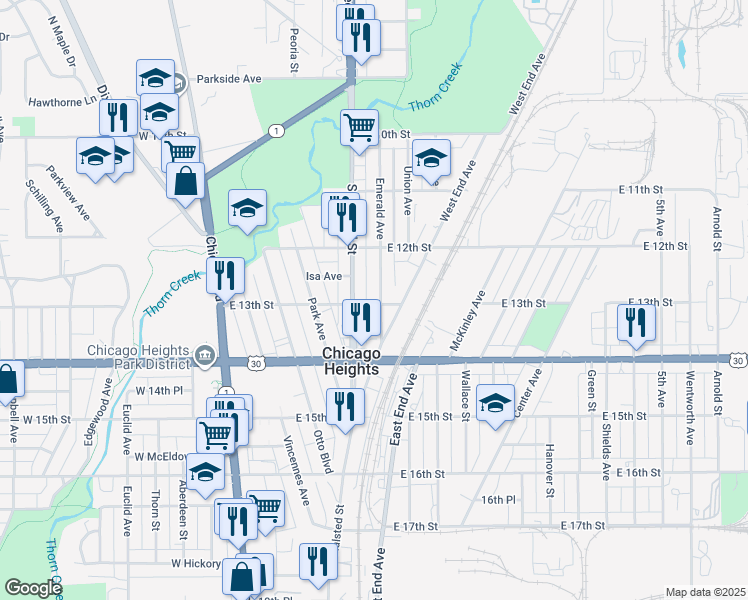 map of restaurants, bars, coffee shops, grocery stores, and more near 1246 Emerald Avenue in Chicago Heights
