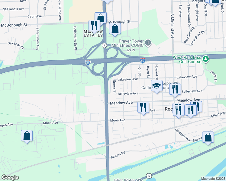map of restaurants, bars, coffee shops, grocery stores, and more near 717 Emery Street in Rockdale