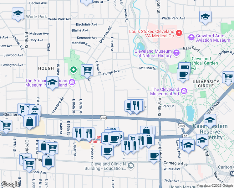 map of restaurants, bars, coffee shops, grocery stores, and more near 1831 East 93rd Street in Cleveland