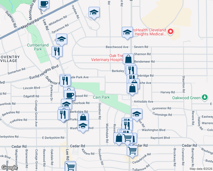 map of restaurants, bars, coffee shops, grocery stores, and more near 1895 S Compton Rd in Cleveland Heights