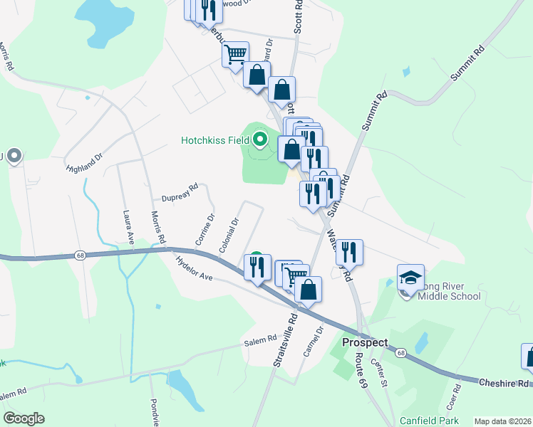 map of restaurants, bars, coffee shops, grocery stores, and more near 20 Colonial Drive in Prospect