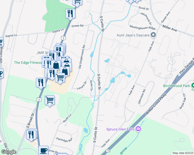 map of restaurants, bars, coffee shops, grocery stores, and more near 841 South Curtis Street in Meriden