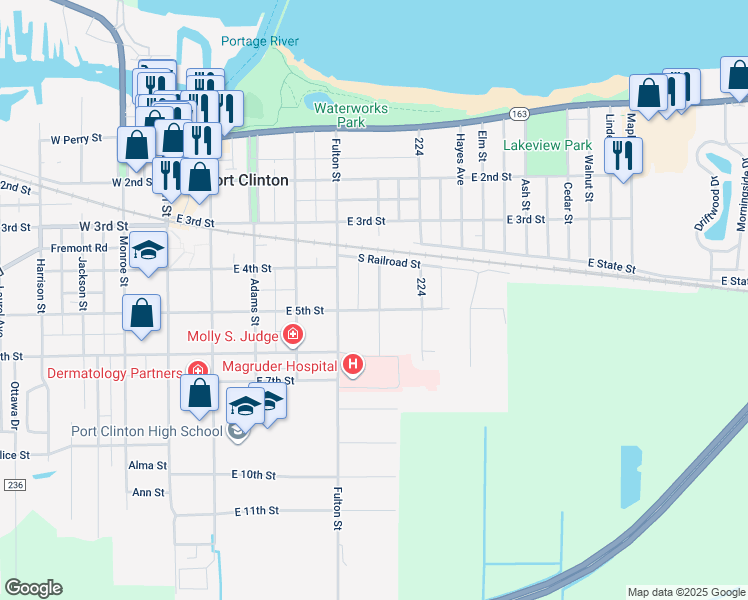 map of restaurants, bars, coffee shops, grocery stores, and more near 432 Short Street in Port Clinton