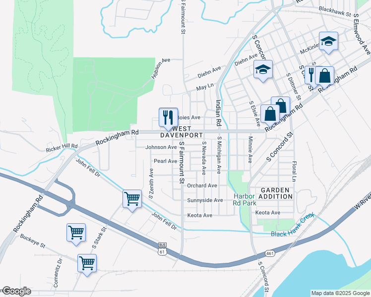 map of restaurants, bars, coffee shops, grocery stores, and more near 3641 Johnson Ave in Davenport