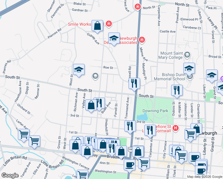 map of restaurants, bars, coffee shops, grocery stores, and more near 368 South Street in Newburgh