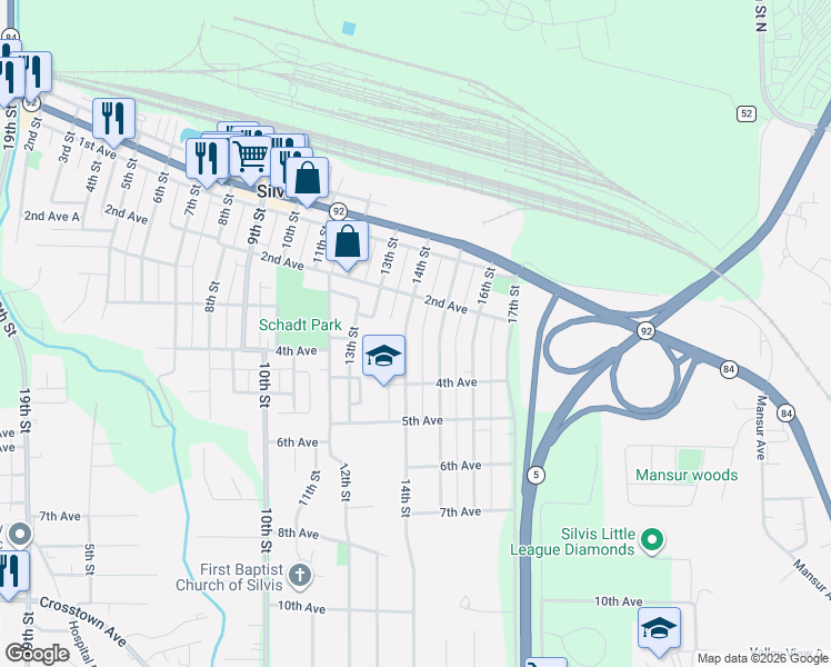 map of restaurants, bars, coffee shops, grocery stores, and more near 320 15th Street in Silvis