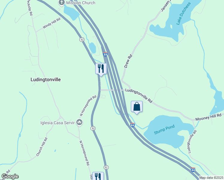map of restaurants, bars, coffee shops, grocery stores, and more near Ludingtonville Road in Carmel