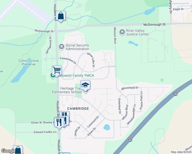 map of restaurants, bars, coffee shops, grocery stores, and more near 3309 Winterberry Drive in Joliet