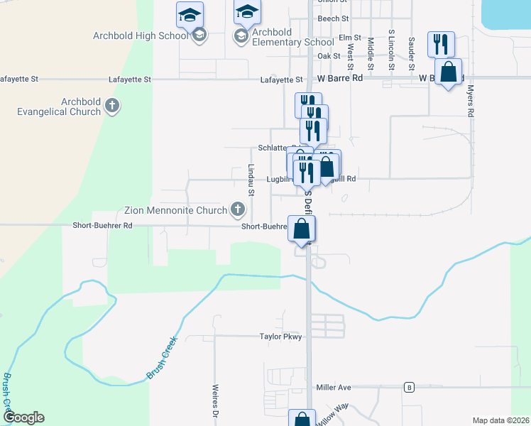 map of restaurants, bars, coffee shops, grocery stores, and more near 1307 South Buehrer Street in Archbold