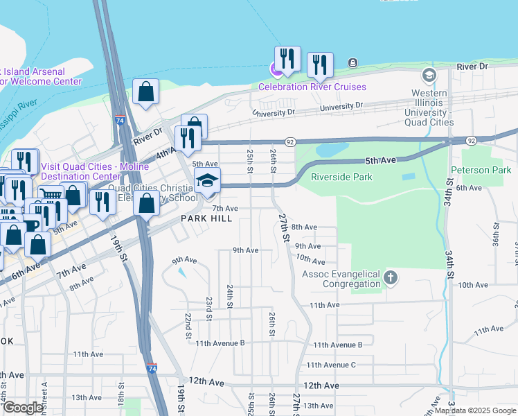 map of restaurants, bars, coffee shops, grocery stores, and more near 7th Avenue in Moline