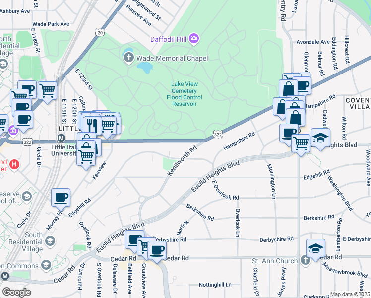 map of restaurants, bars, coffee shops, grocery stores, and more near 2541 Kenilworth Road in Cleveland Heights