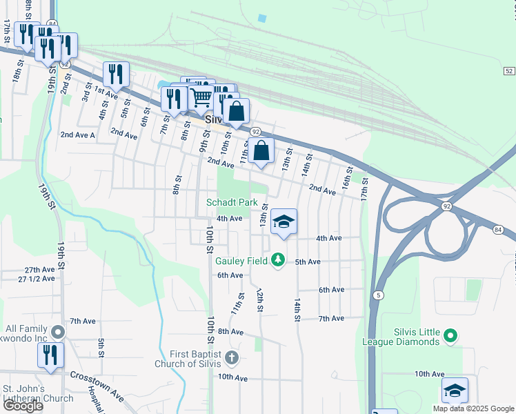 map of restaurants, bars, coffee shops, grocery stores, and more near 1205 3rd Avenue in Silvis
