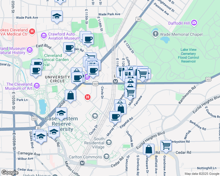 map of restaurants, bars, coffee shops, grocery stores, and more near 11626 Mayfield Rd in Cleveland