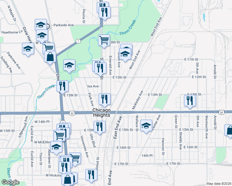 map of restaurants, bars, coffee shops, grocery stores, and more near 1250 West End Avenue in Chicago Heights