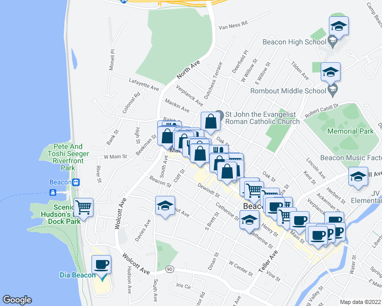 map of restaurants, bars, coffee shops, grocery stores, and more near 176 Main Street in Beacon