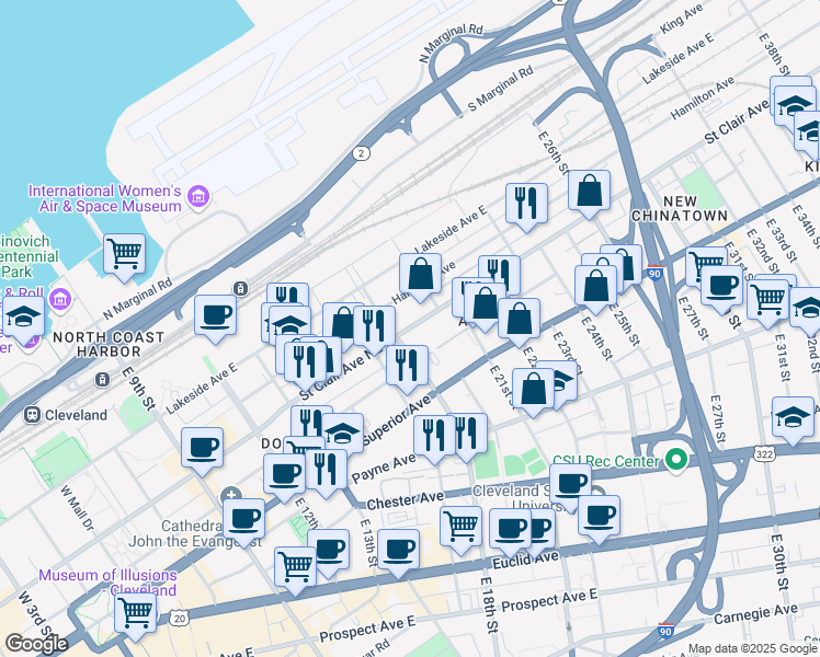 map of restaurants, bars, coffee shops, grocery stores, and more near in Cleveland