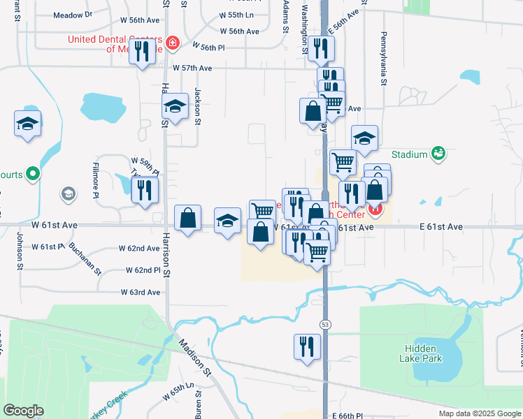 map of restaurants, bars, coffee shops, grocery stores, and more near 6094 Jefferson Street in Merrillville